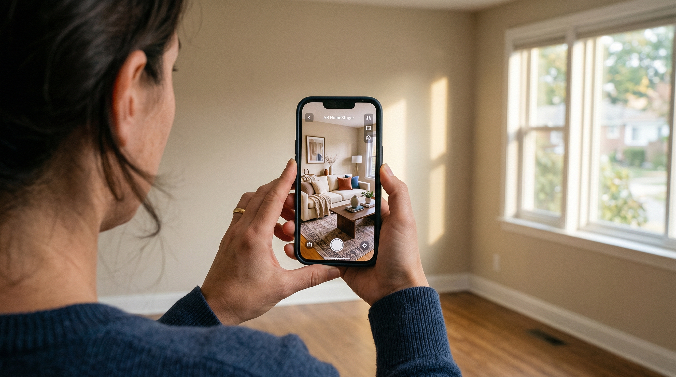 Homeowner photographing their empty living room with a smartphone for virtual staging