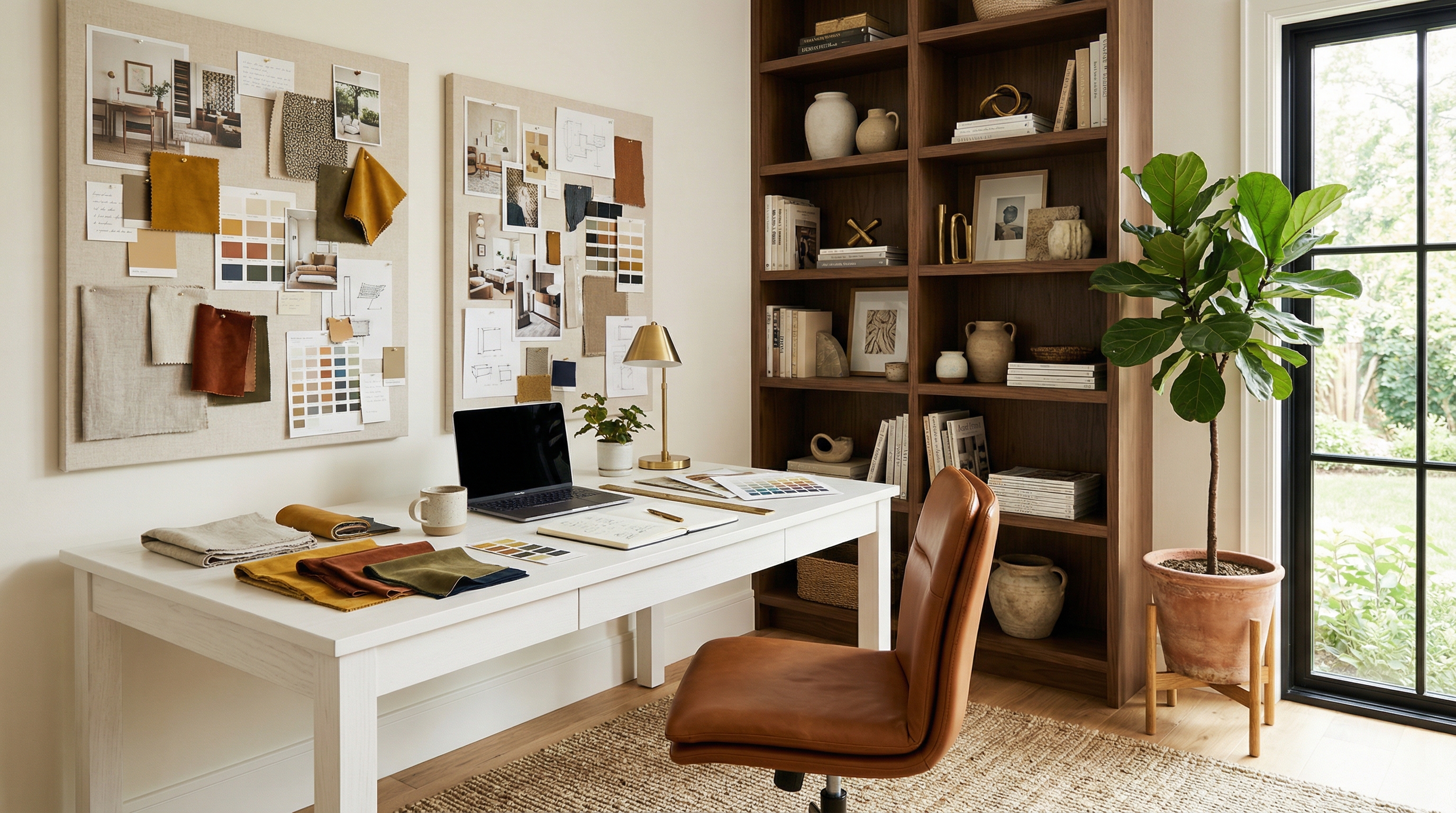 Interior designer comparing AI-staged room concepts on a desktop monitor in a bright studio