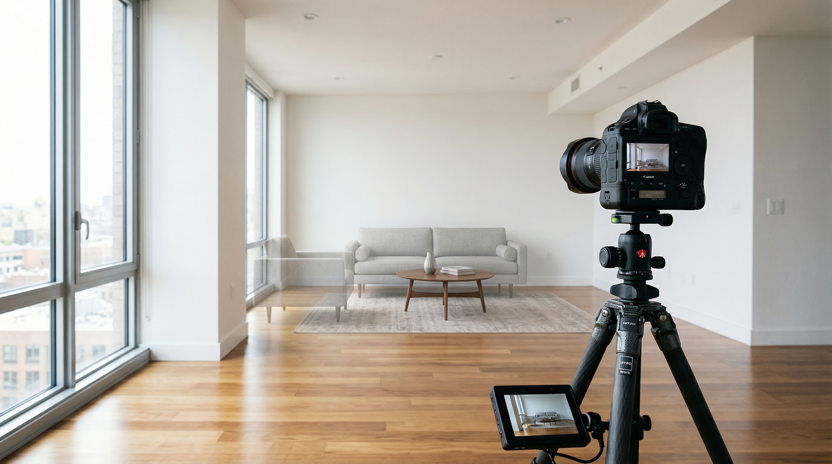 Professional camera on tripod in an empty room with a laptop showing AI-staged versions nearby