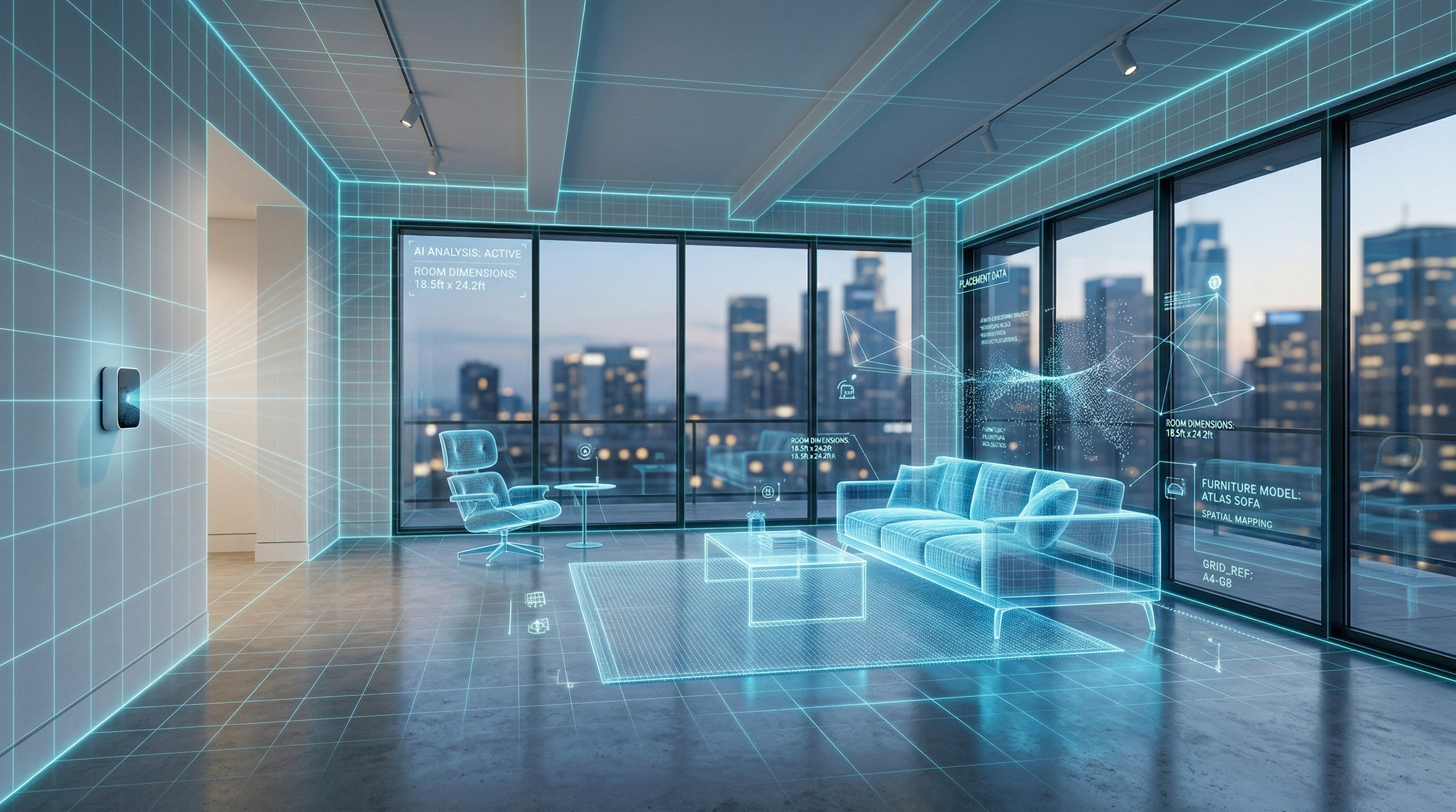 AI holographic wireframe furniture materializing in an empty modern room