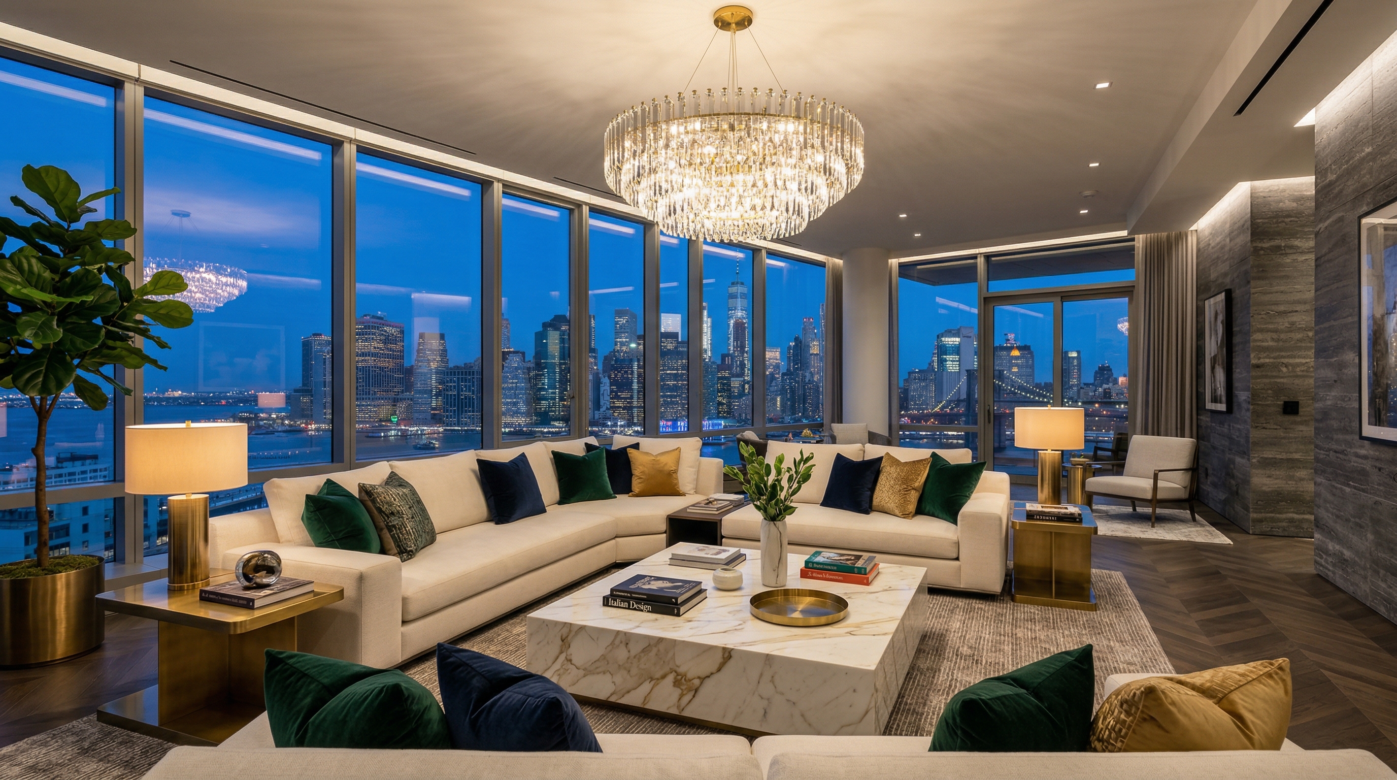 Expansive modern living room with floor-to-ceiling windows virtually staged in luxury modern style with designer furniture