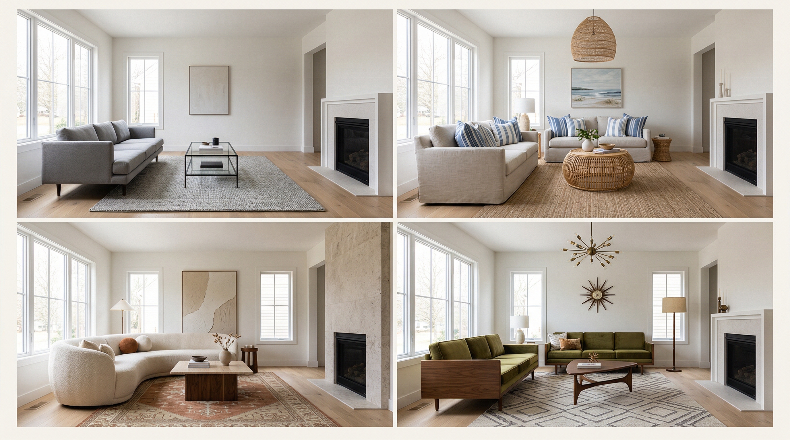 Four-panel grid showing modern minimalist, coastal, warm contemporary, and mid-century modern staging styles