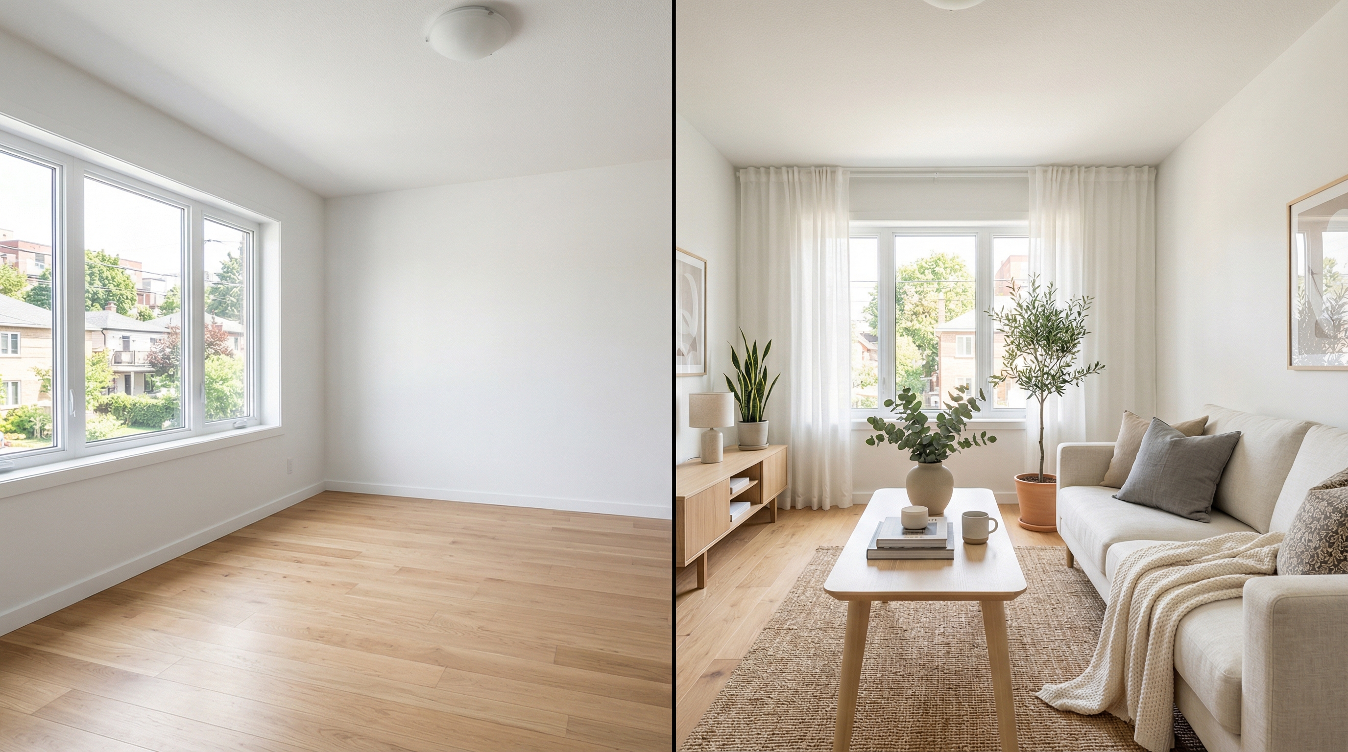 Split view of an empty rental apartment and the same unit virtually staged in Scandinavian style