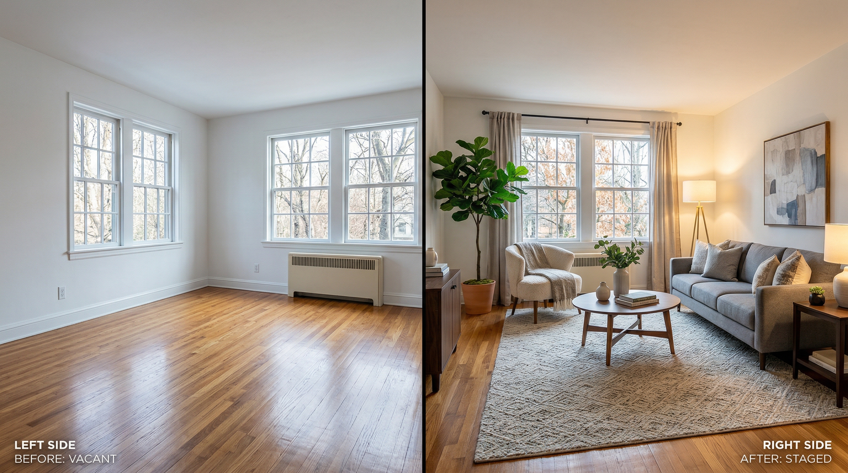 Split-screen comparison of an empty room versus a virtually staged room